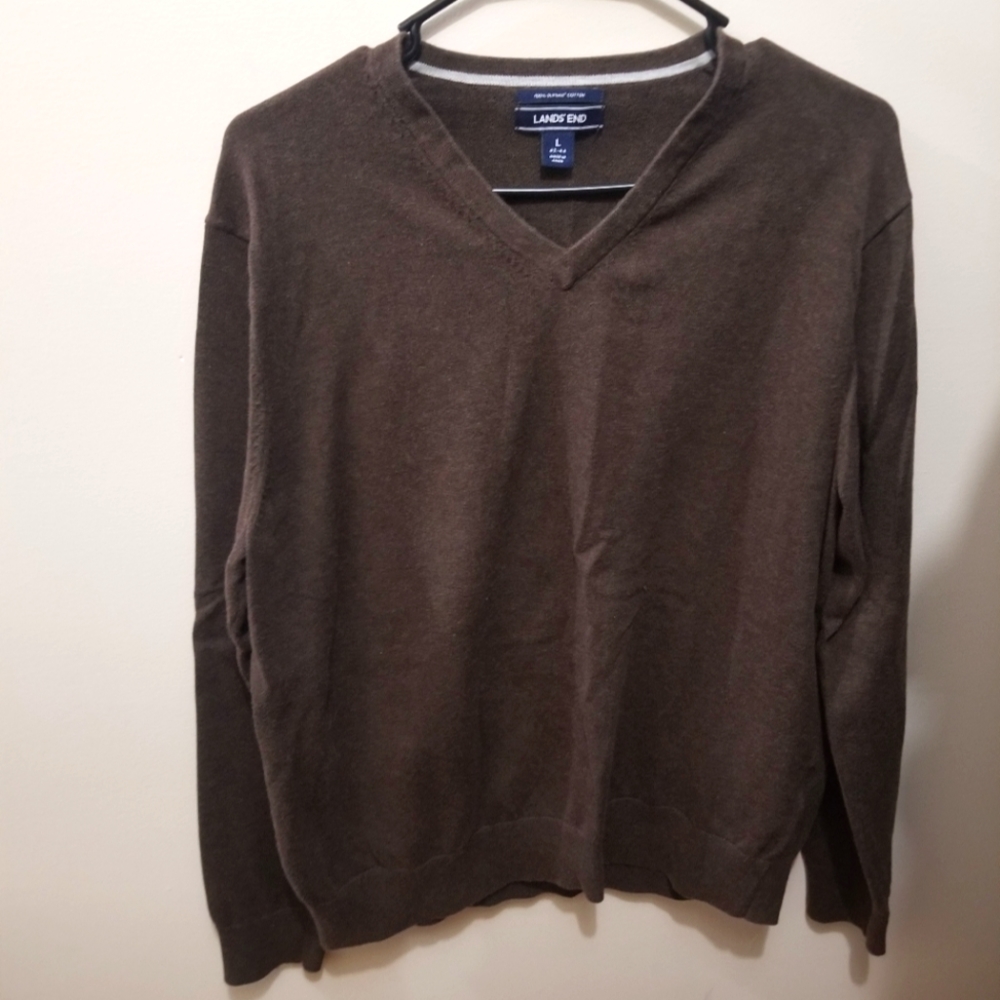 Lands End Men's Brown Vneck Supima Cotton Fall Winter Casual Sweater Large 42-44